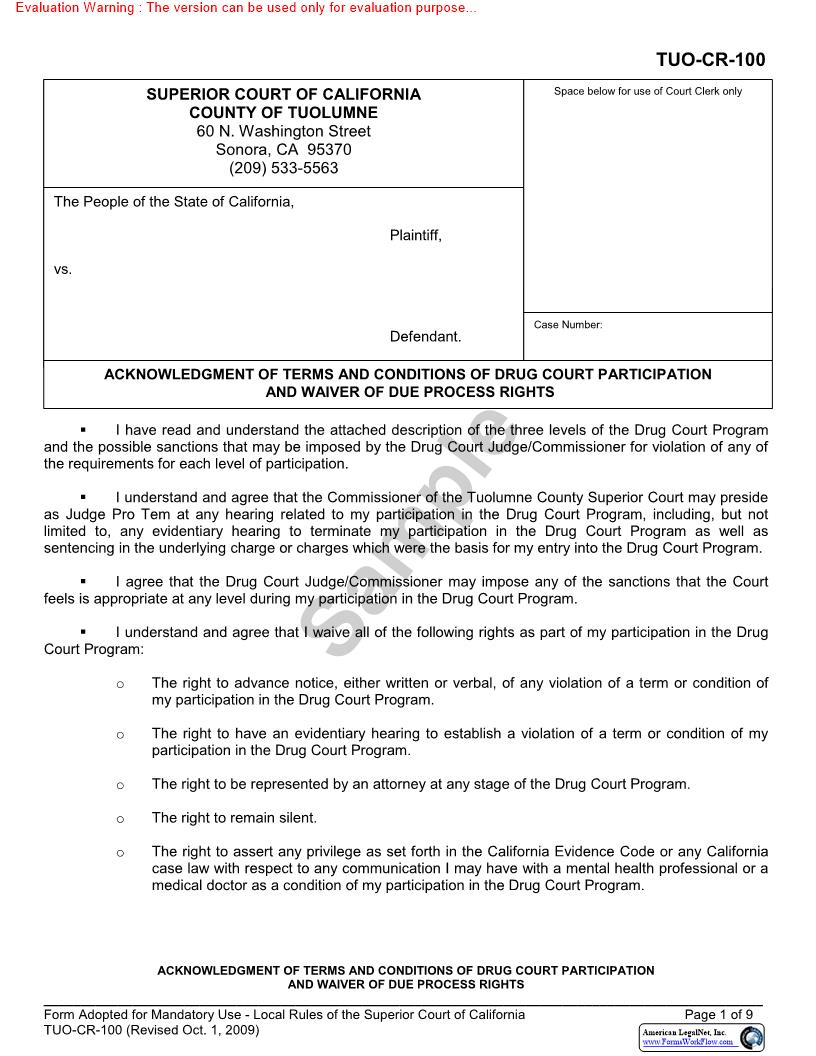 Acknowledgment Of Terms And Conditions Of Drug Court Participation {TUO-CR-100} | Pdf Fpdf Docx | California