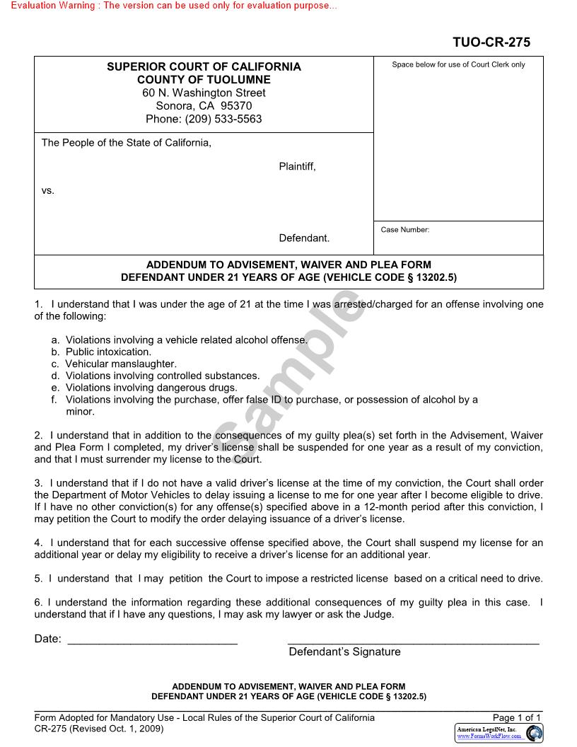 Addendum To Advisement Waiver And Plea Form Defendant Under 21 {TUO-CR-275} | Pdf Fpdf Docx | California