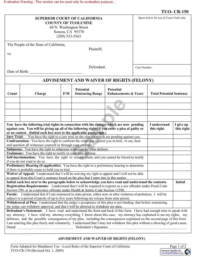 Advisement And Waiver Of Rights (Felony) {TUO-CR-150} | Pdf Fpdf Docx | California