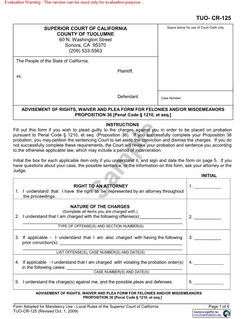 Advisement Of Rights Waiver Of Plea Form For Felonies {TUO-CR-125} | Pdf Fpdf Docx | California