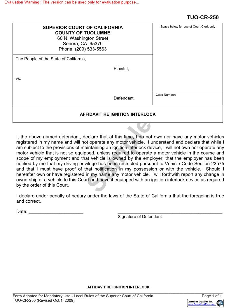 Affidavit Re Ignition Interlock {TUO-CR-250} | Pdf Fpdf Docx | California
