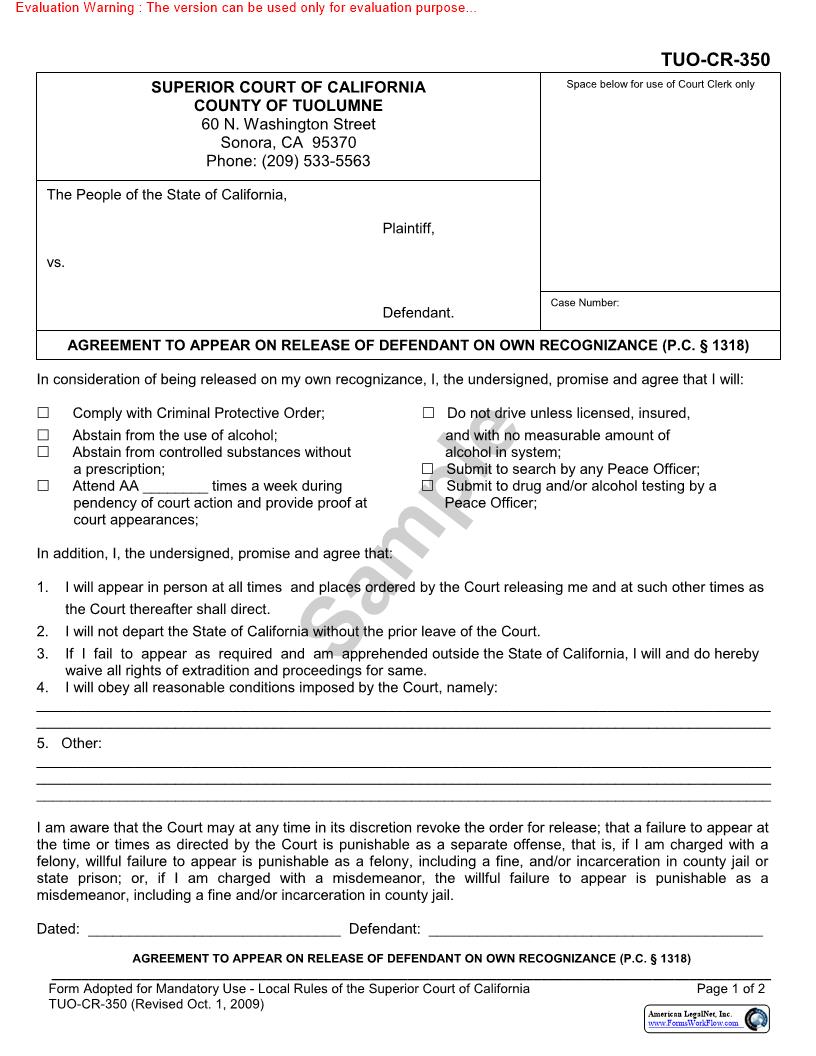 Agreement To Appear On Release Of Defendant On Own Recognizance {TUO-CR-350} | Pdf Fpdf Docx | California