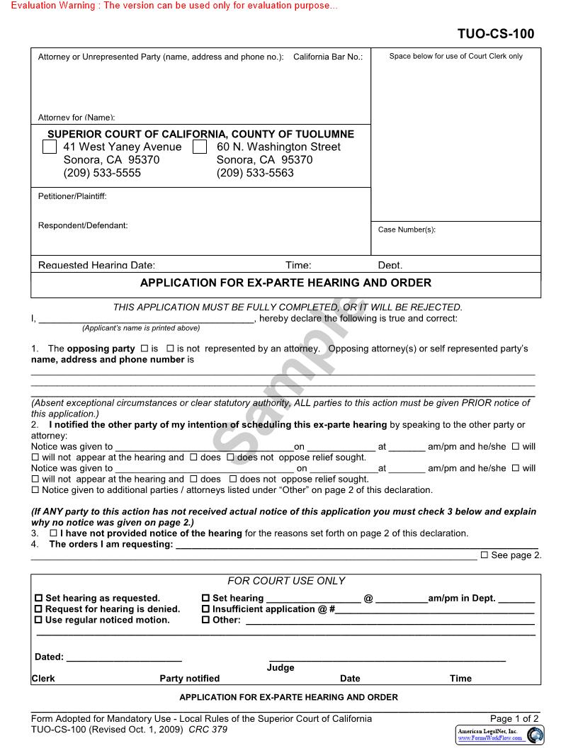 Application For Ex-Parte Hearing And Order {TUO-CS-100} | Pdf Fpdf Doc Docx | California