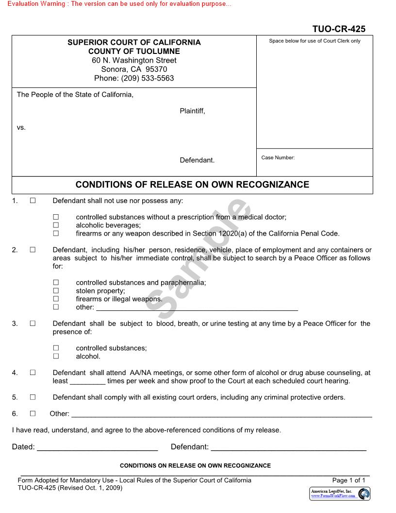 Conditions On Release On Own Recognizance {TUO-CR-425} | Pdf Fpdf Docx | California