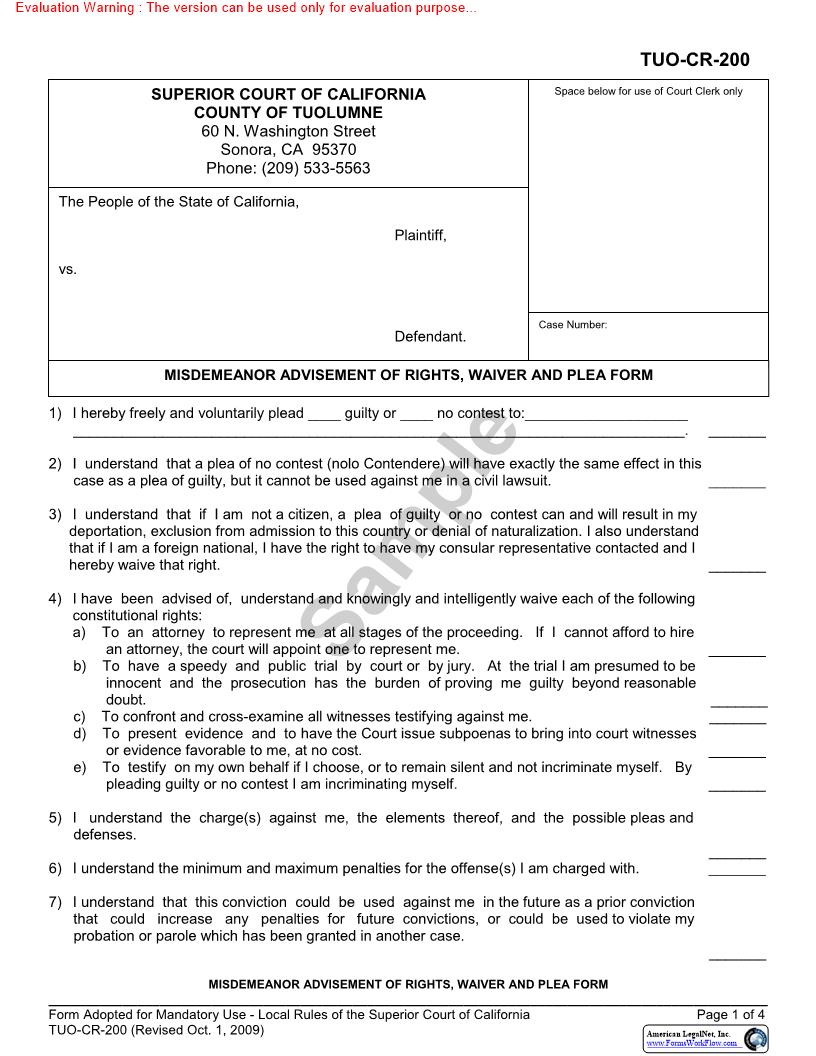 Misdemeanor Advisement Of Rights Waiver Of Plea Form {TUO-CR-200} | Pdf Fpdf Docx | California