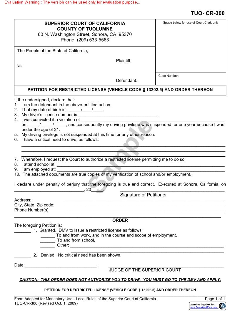 Petition For Restricted License And Order Thereon {TUO-CR-300} | Pdf Fpdf Docx | California