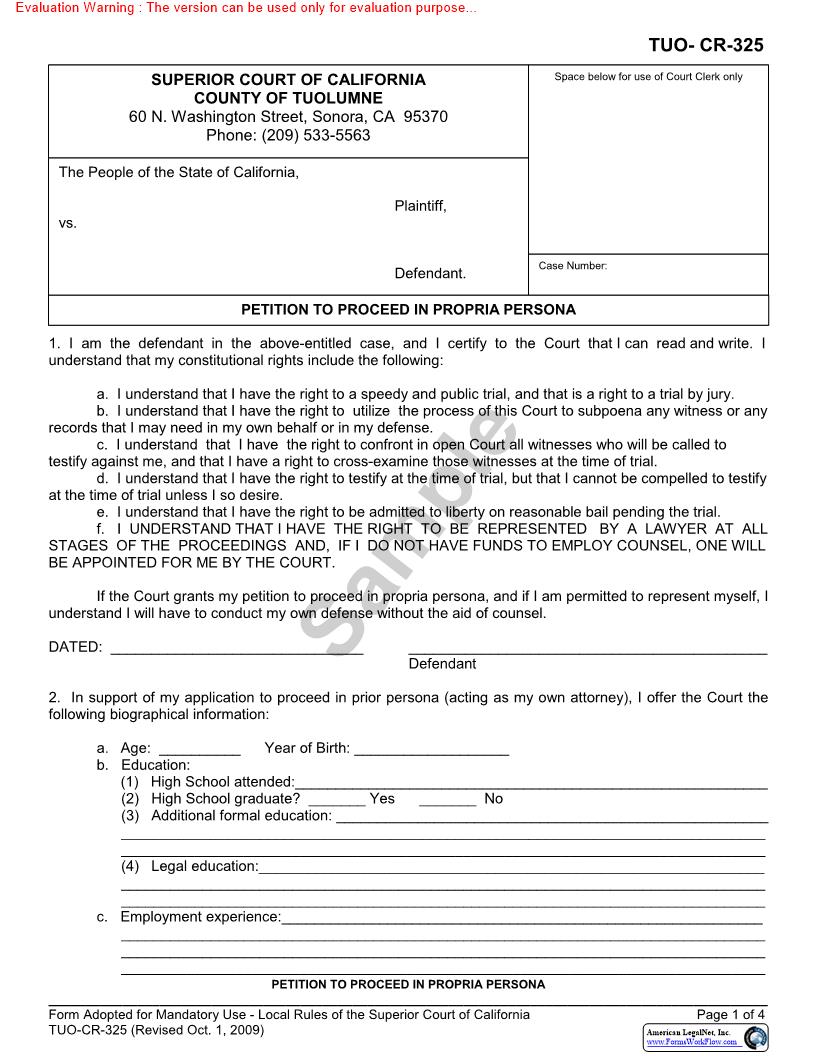 Petition To Proceed In Propria Persona {TUO-CR-325} | Pdf Fpdf Docx | California