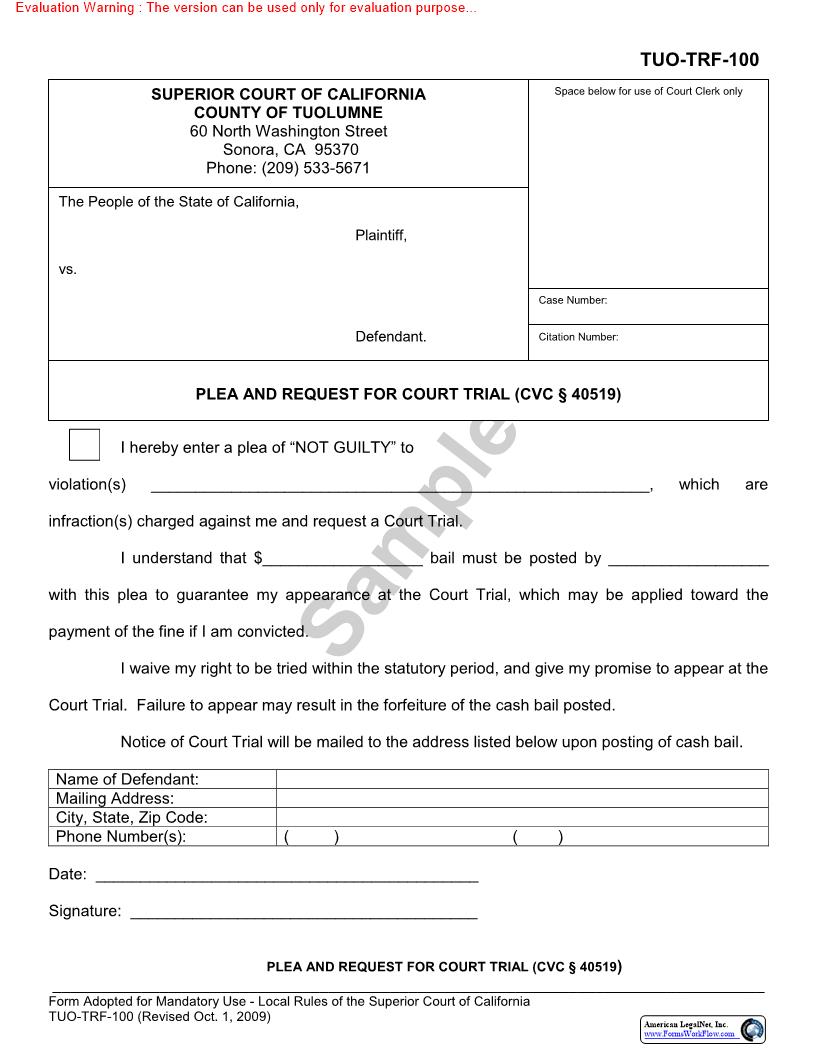 Plea And Request For Court Trial {TUO-TRF-100} | Pdf Fpdf Docx | California