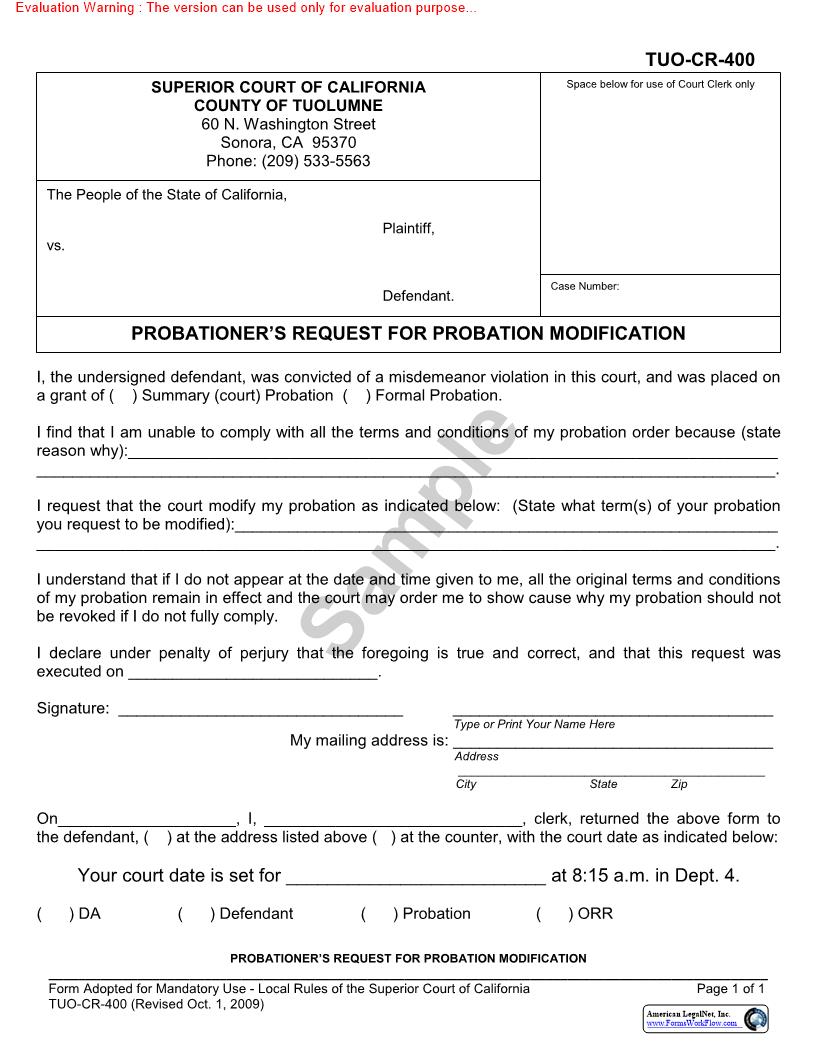 Probationers Request For Probation Modification {TUO-CR-400} | Pdf Fpdf Docx | California