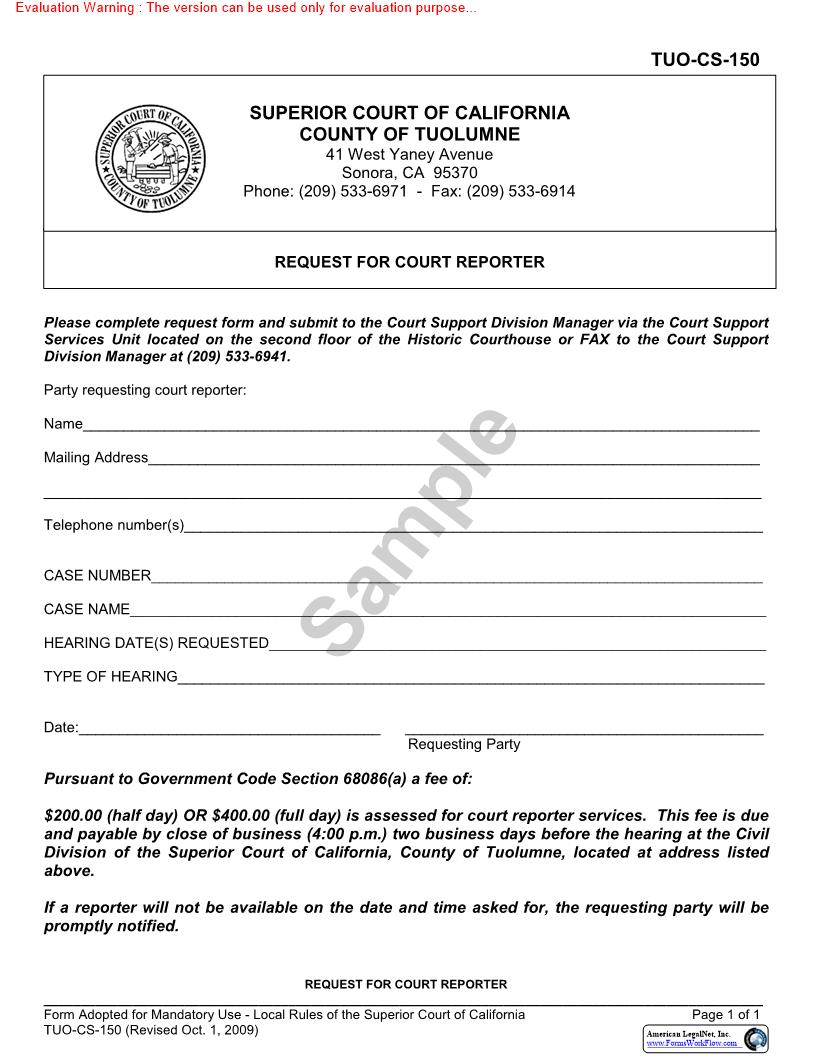 Request For Court Reporter {TUO-CS-150} | Pdf Fpdf Docx | California