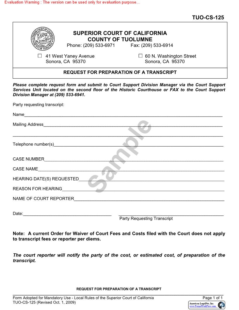 Request For Preparation Of Transcript {TUO-CS-125} | Pdf Fpdf Docx | California