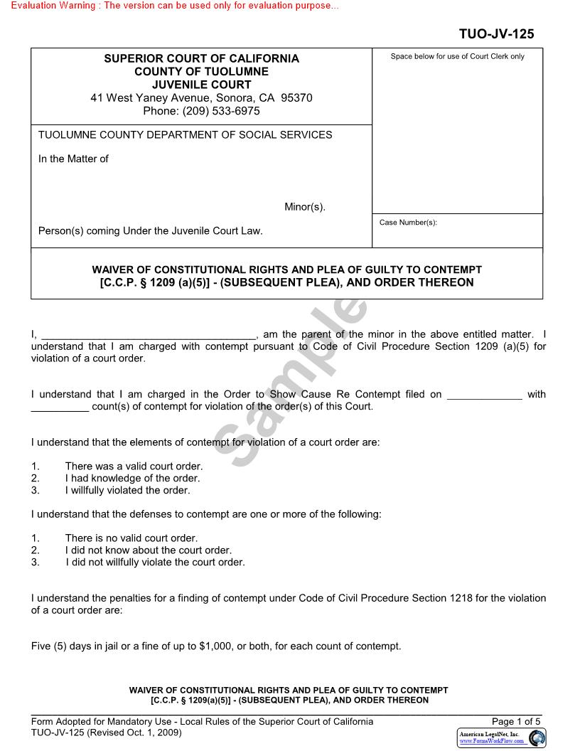 Waiver Of Constitutional Rights And Plea OF Guilty To Contempt (Subsequent Plea) {TUO-JV-125} | Pdf Fpdf Docx | California