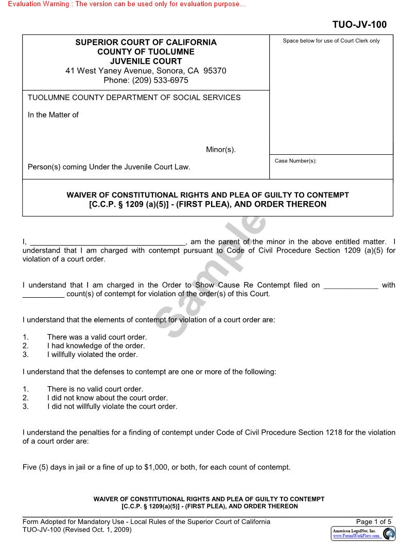 Waiver Of Constitutional Rights And Plea Of Guilty To Contempt (First Plea) {TUO-JV-100} | Pdf Fpdf Docx | California