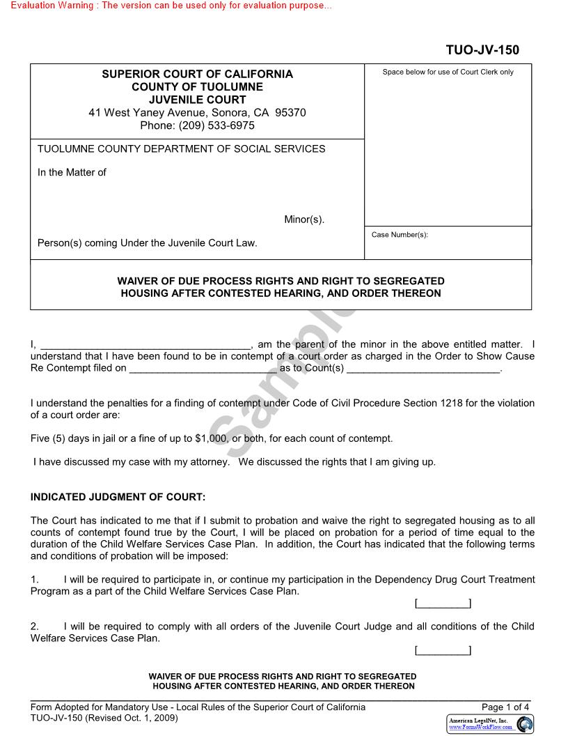 Waiver Of Due Process Rights And Right To Segregated Housing {TUO-JV-150} | Pdf Fpdf Docx | California
