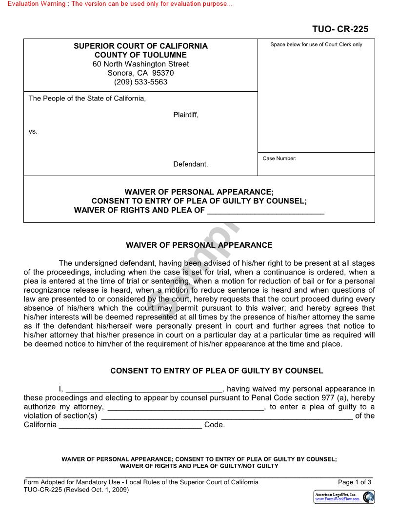Waiver Of Personal Appearance Consent To Entry Of Plea Of Guilty {TUO-CR-225} | Pdf Fpdf Docx | California