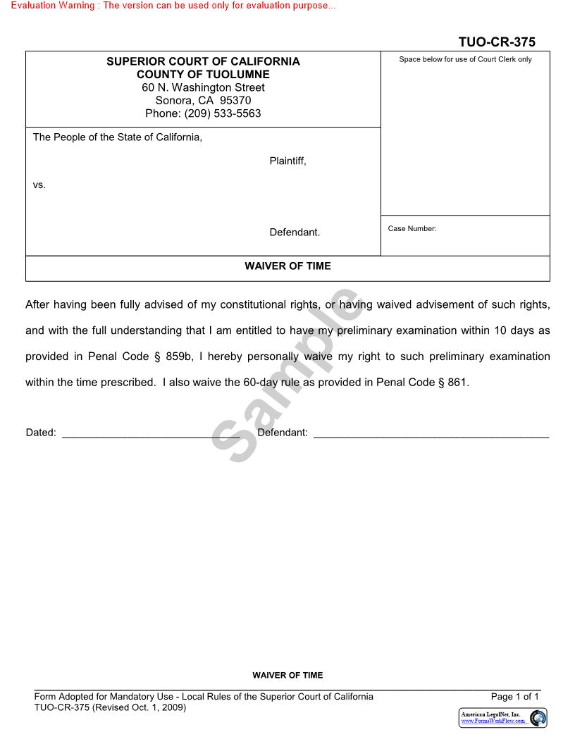 Waiver Of Time {TUO-CR-375} | Pdf Fpdf Docx | California