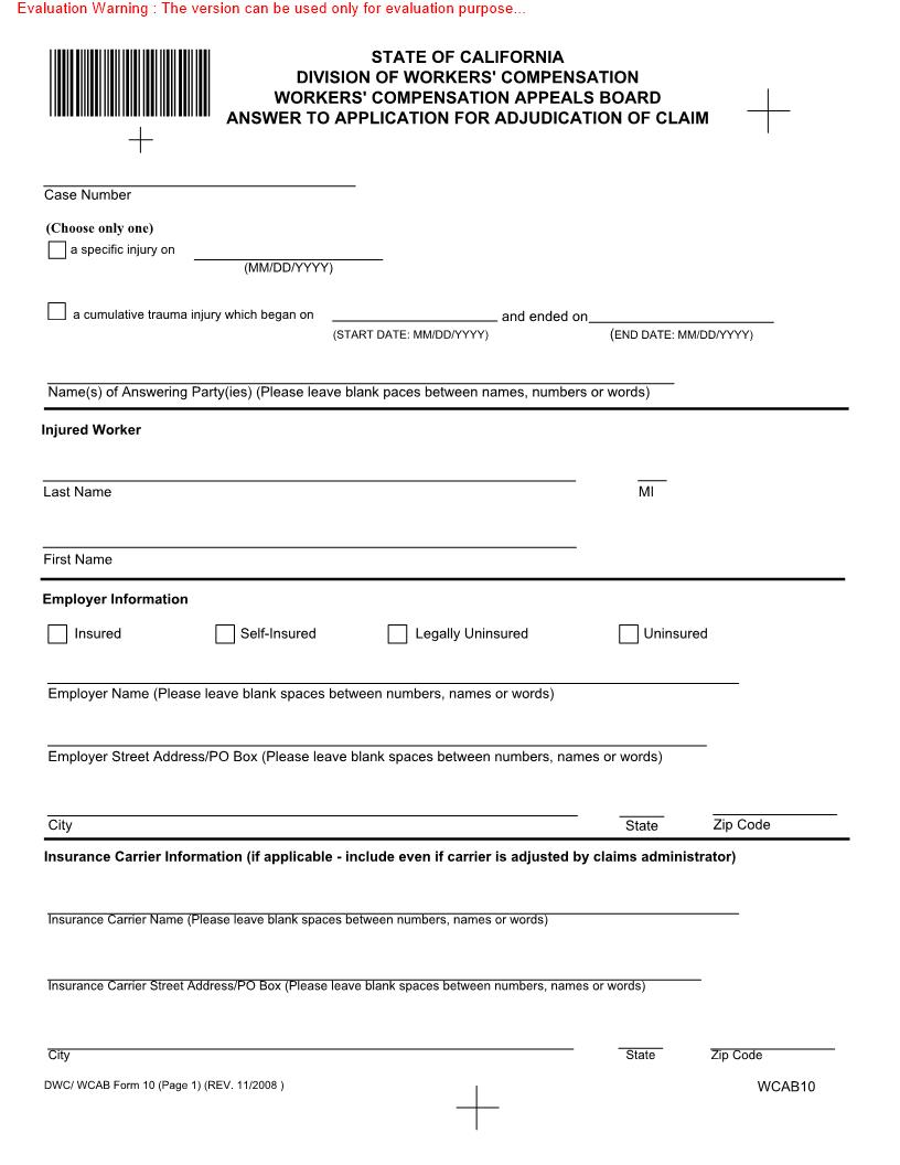 Answer To Application For Adjudication Of Claim {WCAB 10} | Pdf Fpdf Doc Docx | California