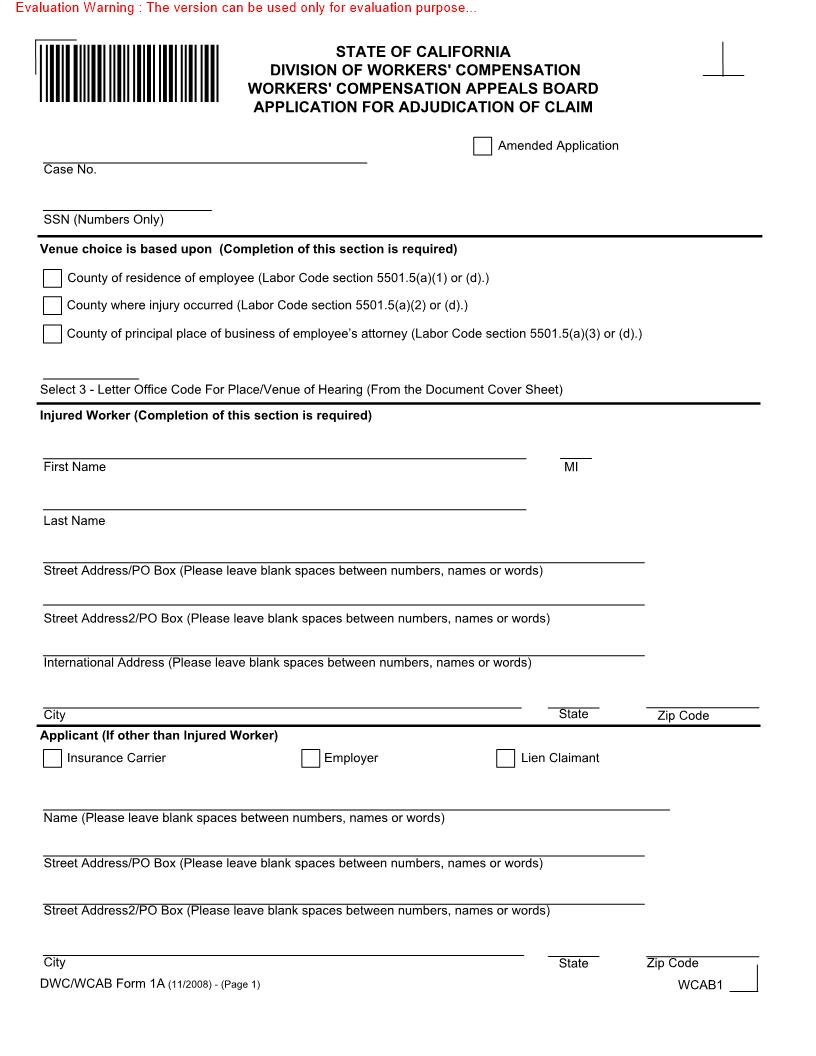 Application For Adjudication Of Claim {WCAB 1} | Pdf Fpdf Docx | California