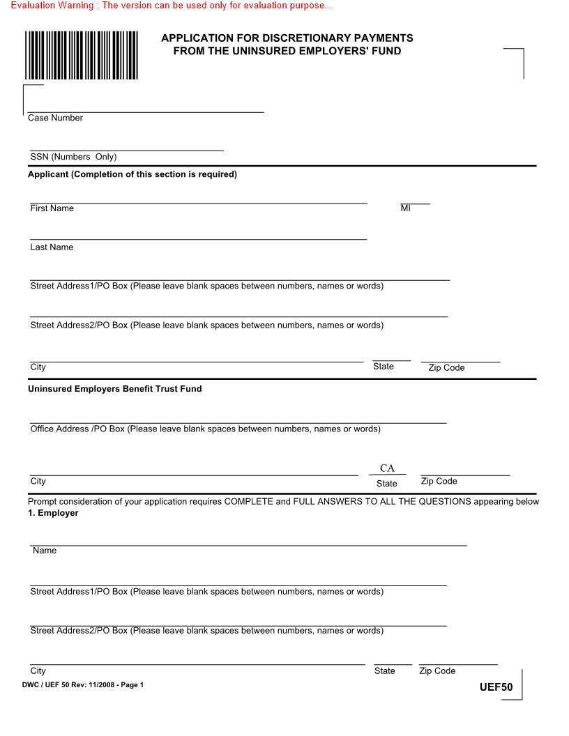 Application For Discretionary Payments From The Uninsured Employers Fund {DWC-UEF 50} | Pdf Fpdf Docx | California