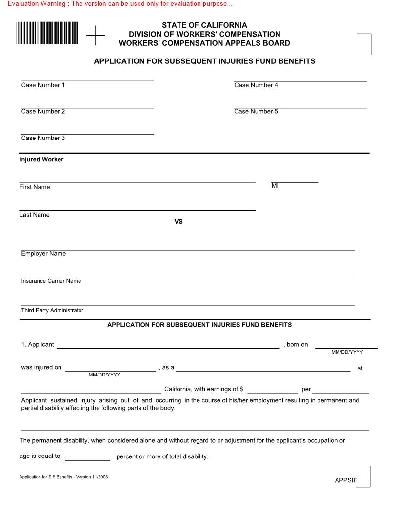 Application For Subsequent Injuries Fund Benefits | Pdf Fpdf Doc Docx | California