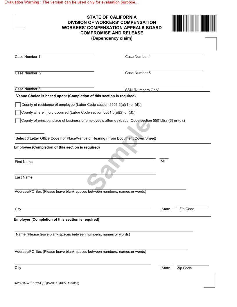 Compromise And Release (Dependency Claim) {DWC-CA 10214(d)} | Pdf Fpdf Docx | California