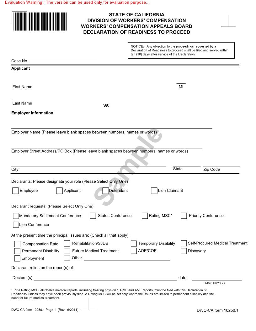 Declaration Of Readiness To Proceed {DWC-CA 10250.1} | Pdf Fpdf Doc Docx | California