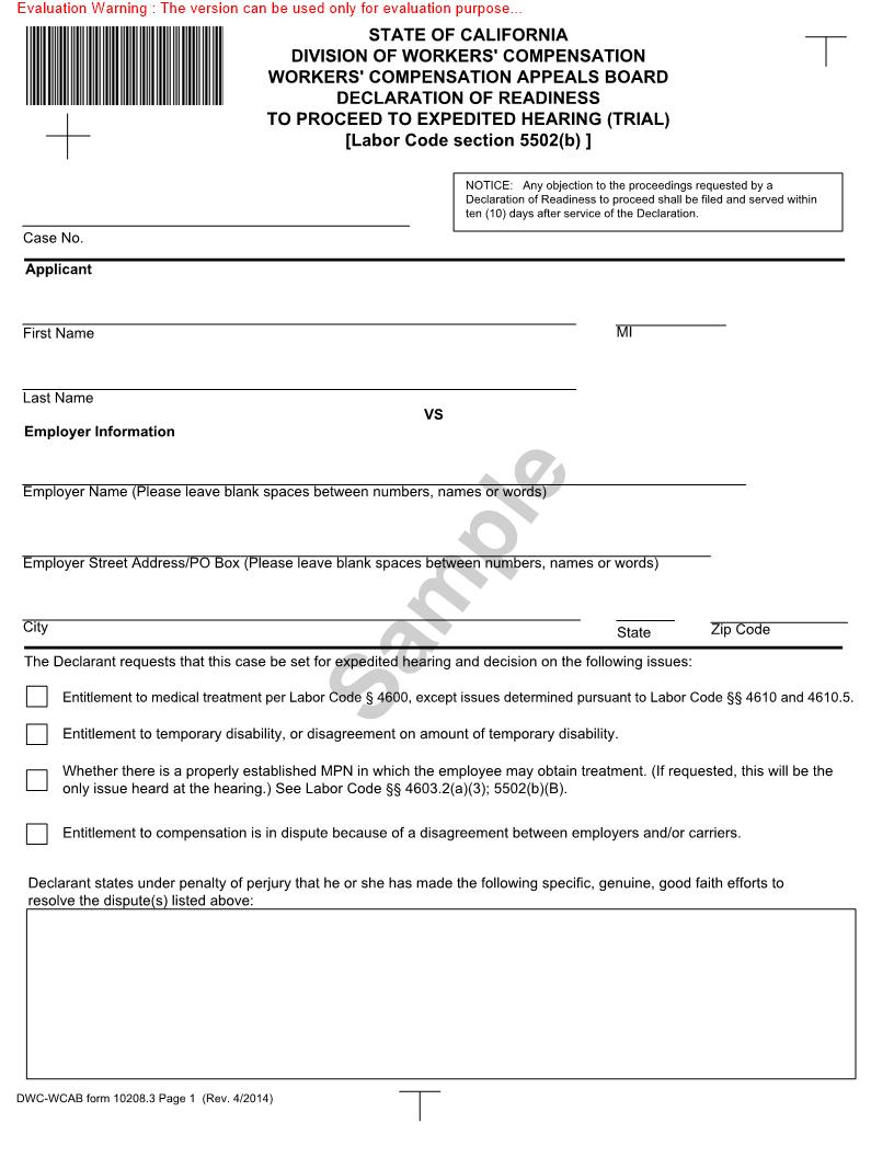 Declaration Of Readiness To Proceed To Expedited Hearing (Trial) {DWC-CA 10208.3.} | Pdf Fpdf Docx | California