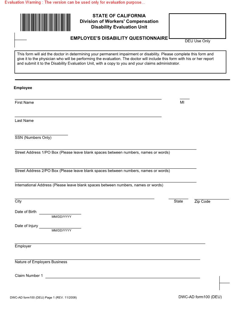 Employees Disability Questionnaire {DWC-AD 100 (DEU)} | Pdf Fpdf Doc Docx | California