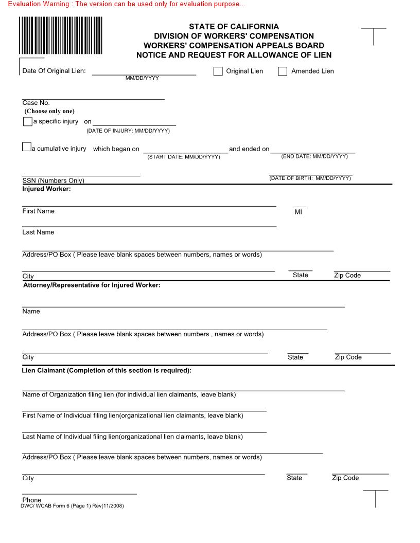 Notice And Request For Allowance Of Lien {DWC-WCAB 6} | Pdf Fpdf Docx | California
