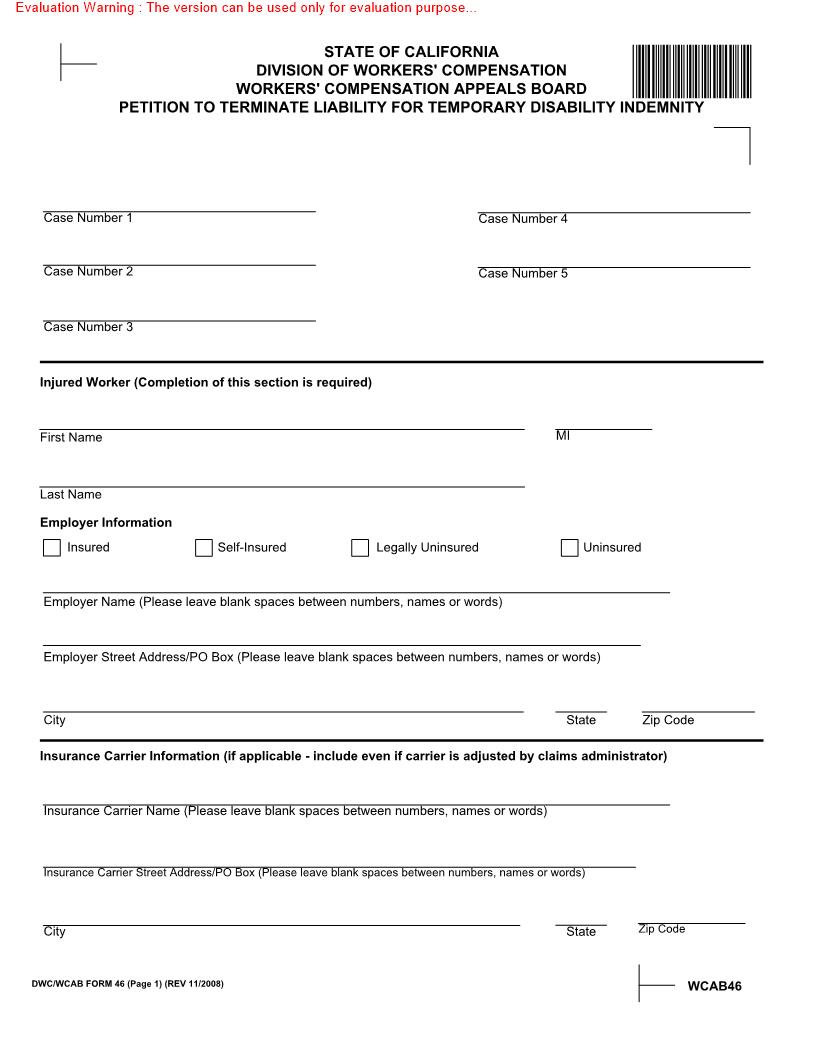 Petition To Terminate Liability For Temporary Disability Indemnity {WCAB 46} | Pdf Fpdf Docx | California