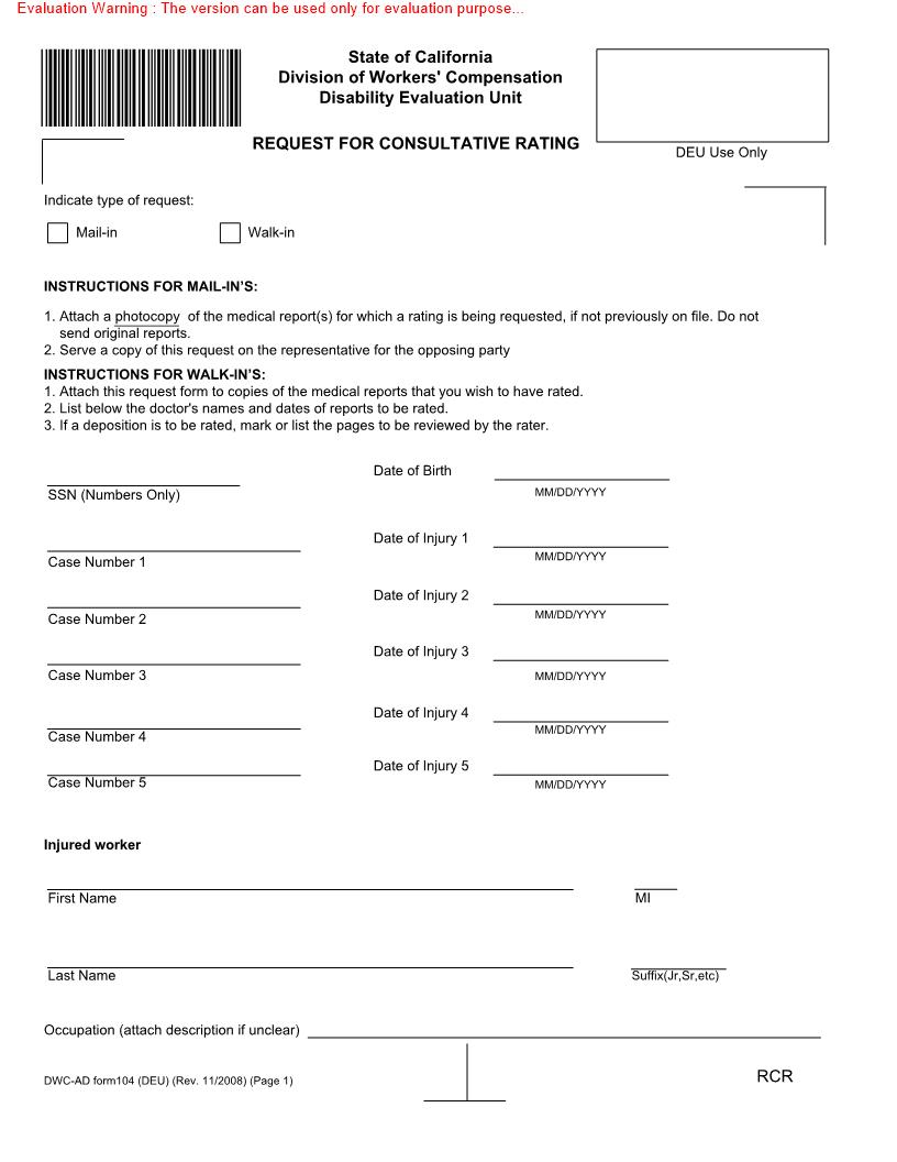 Request For Consultative Rating {DWC-AD 104 (DEU)} | Pdf Fpdf Doc Docx | California