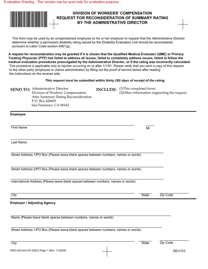 Request For Reconsideration Of Summary Rating By The Administrative Director {DWC-AD 103 (DEU)} | Pdf Fpdf Docx | California