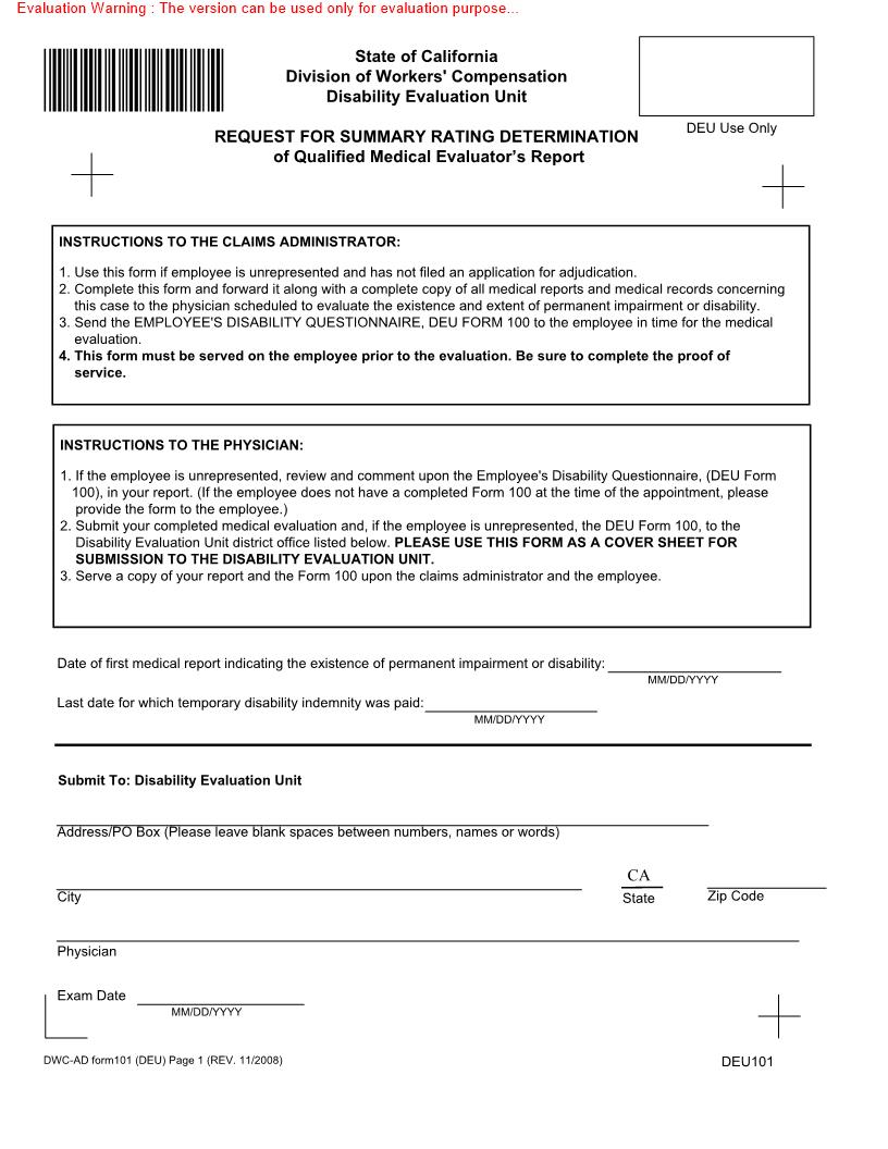 Request For Summary Rating Determination Of Qualified Medical Evaluators Report {DWC-AD 101 (DEU)} | Pdf Fpdf Docx | California