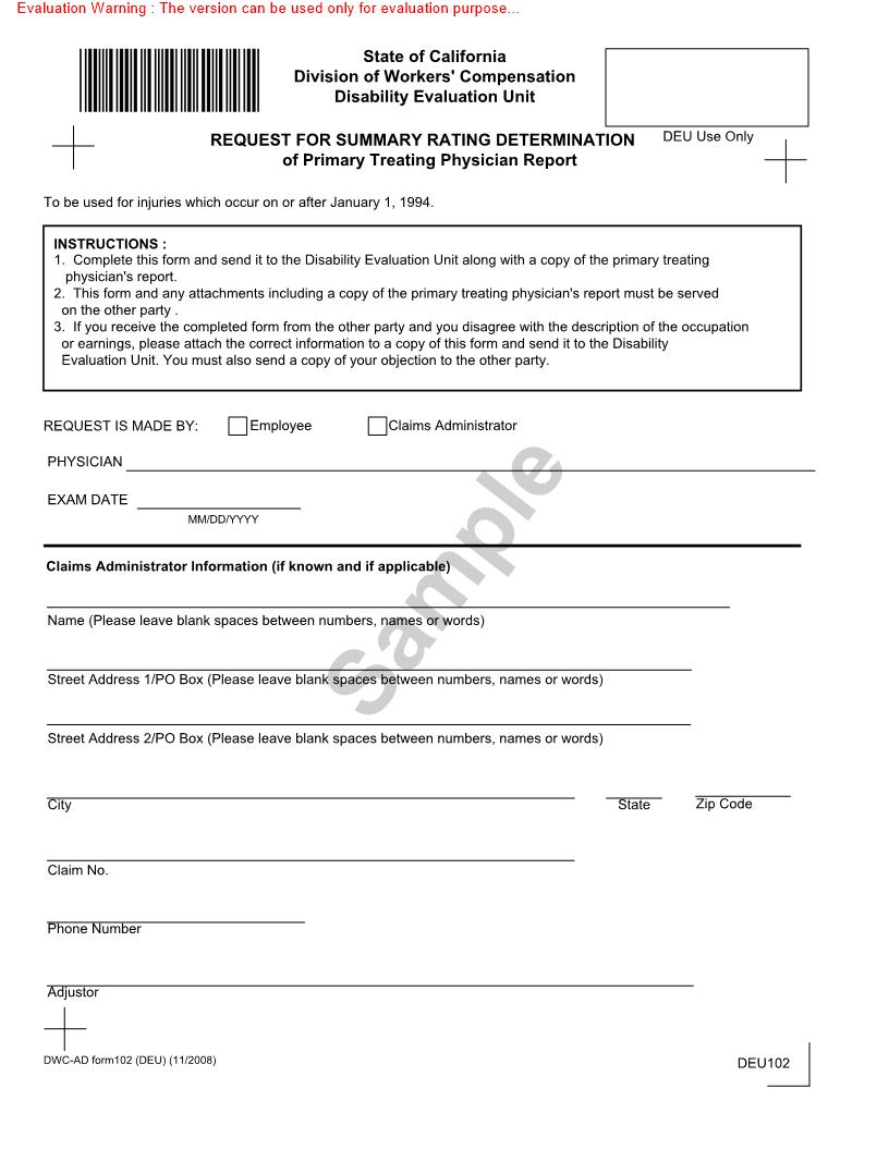 Request For Summary Rating Determination Or Primary Treating Physician Report {DWC-AD 102 (DEU)} | Pdf Fpdf Docx | California
