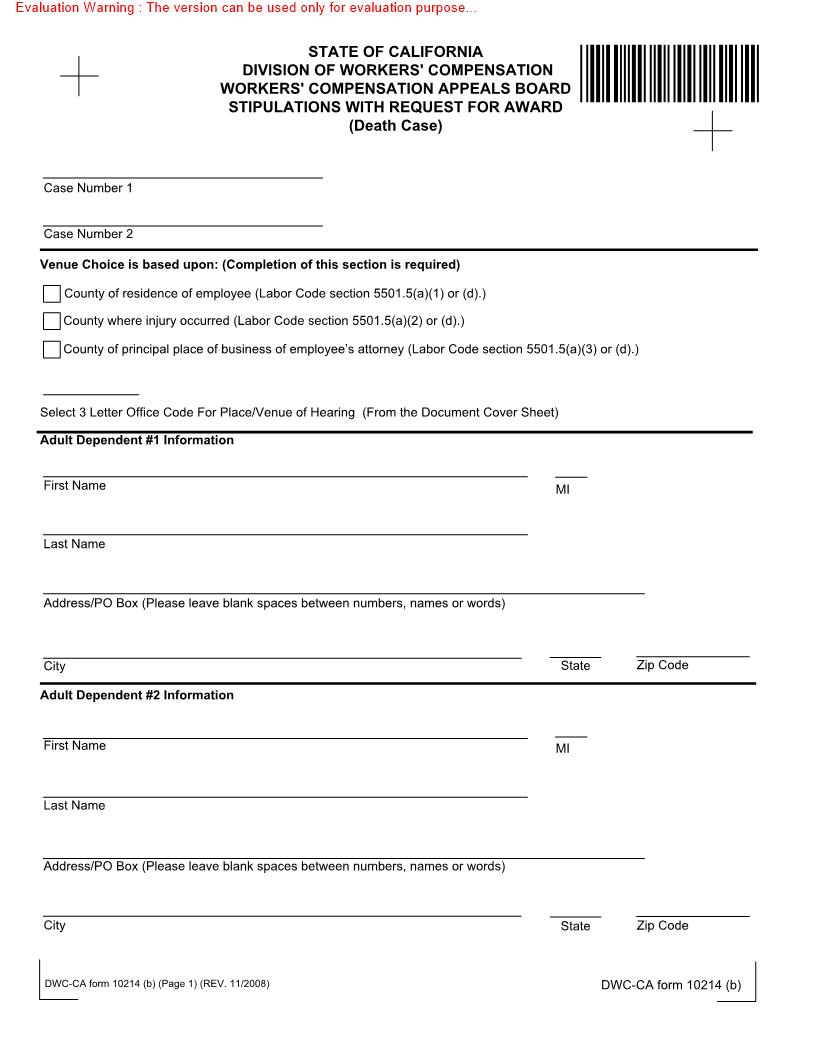 Stipulation With Request For Award (Death Cases) {DWC-CA 10214(b)} | Pdf Fpdf Doc Docx | California