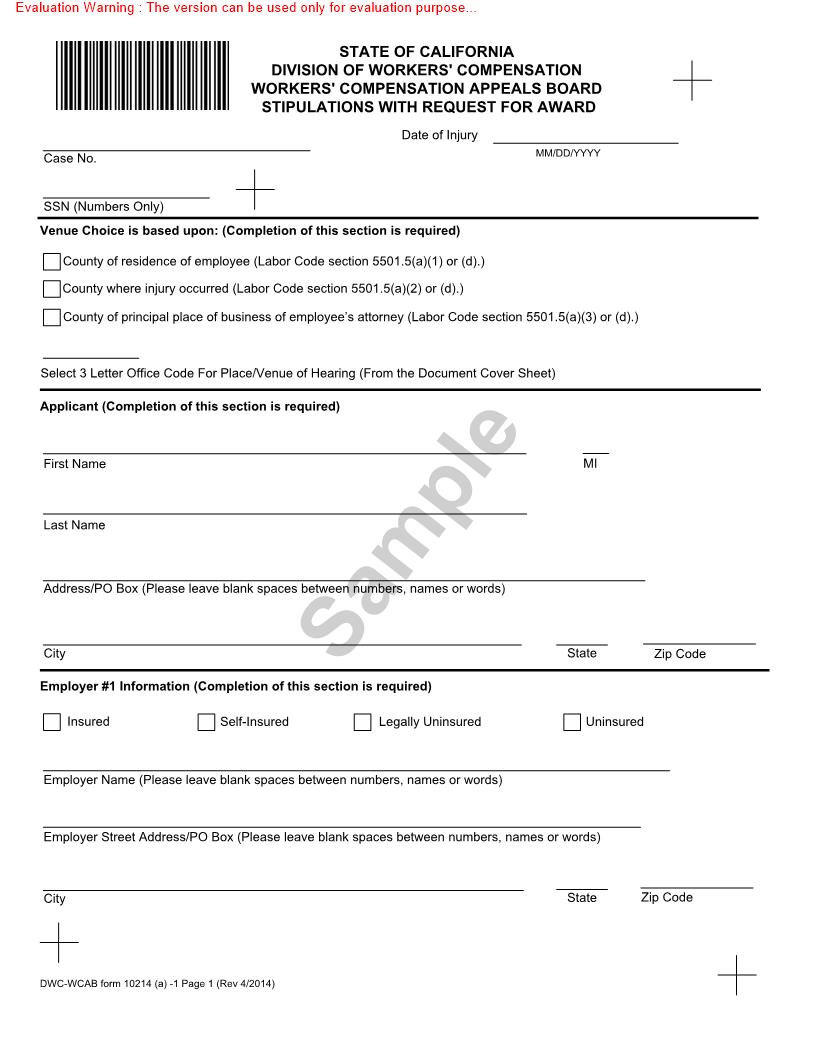 Stipulation With Request For Award (For Injury On Or After 1-1-2013) {DWC-CA 10214(a)} | Pdf Fpdf Docx | California