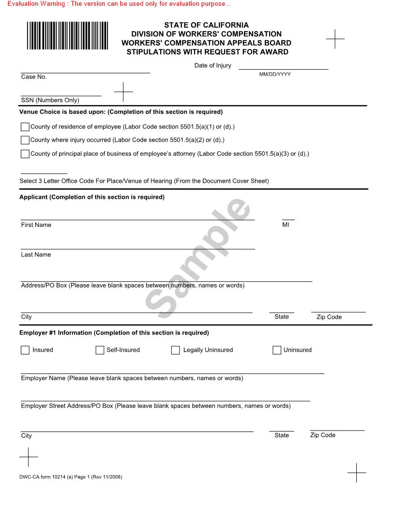 Stipulation With Request For Award (For Injury Prior To 1-1-2013) {DWC-CA 10214(a)} | Pdf Fpdf Doc Docx | California