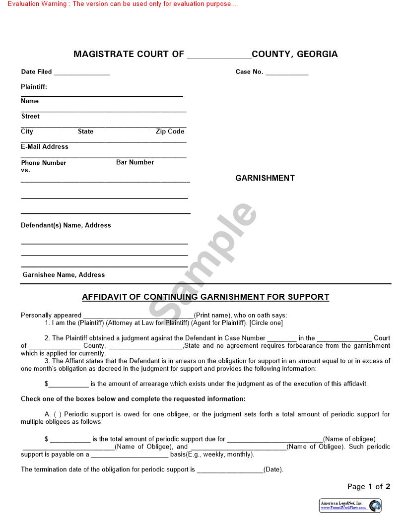 Affidavit Of Continuing Garnishment For Support | Pdf Fpdf Doc Docx | Georgia