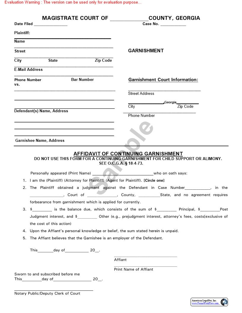 Affidavit Of Continuing Garnishment | Pdf Fpdf Doc Docx | Georgia