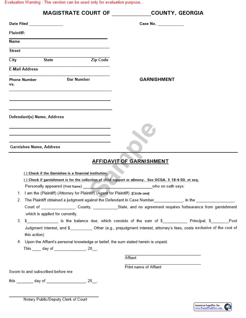 Affidavit Of Garnishment | Pdf Fpdf Doc Docx | Georgia