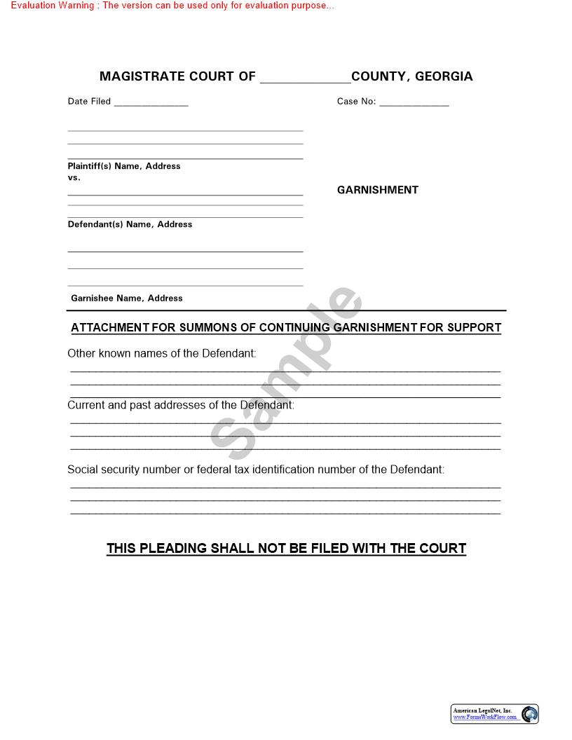 Attachment For Summons Of Continuing Garnishment For Support | Pdf Fpdf Doc Docx | Georgia