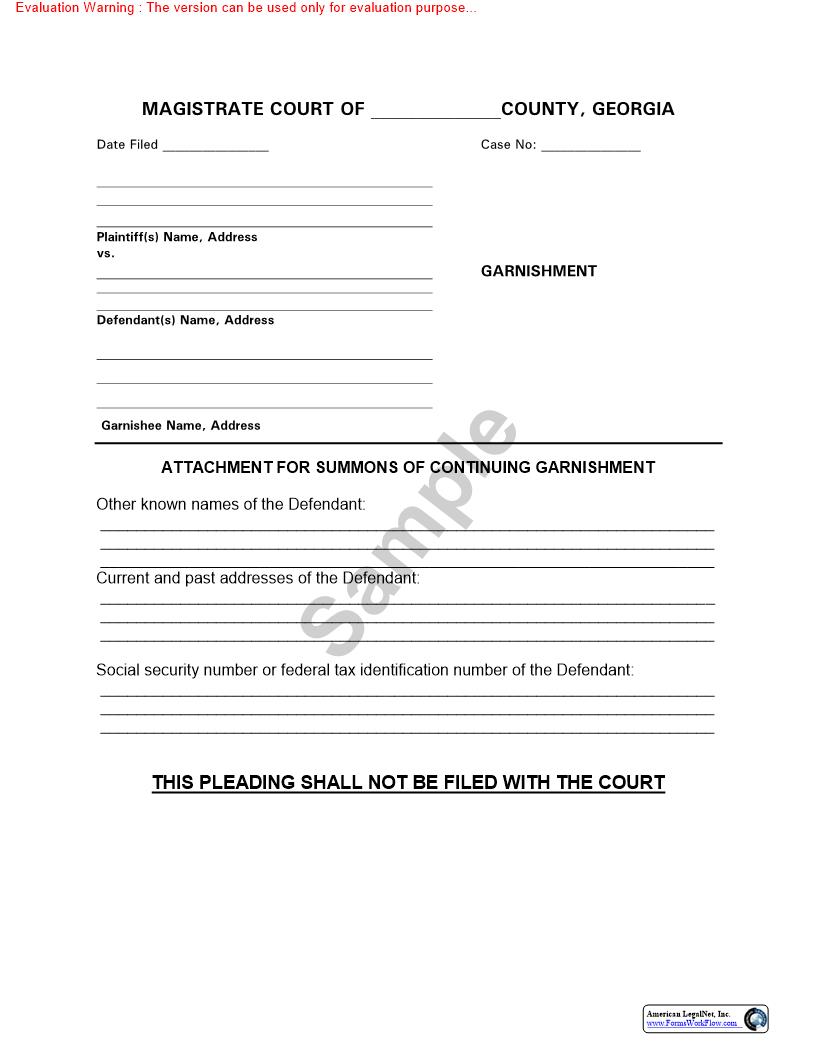 Attachment For Summons Of Continuing Garnishment | Pdf Fpdf Doc Docx | Georgia