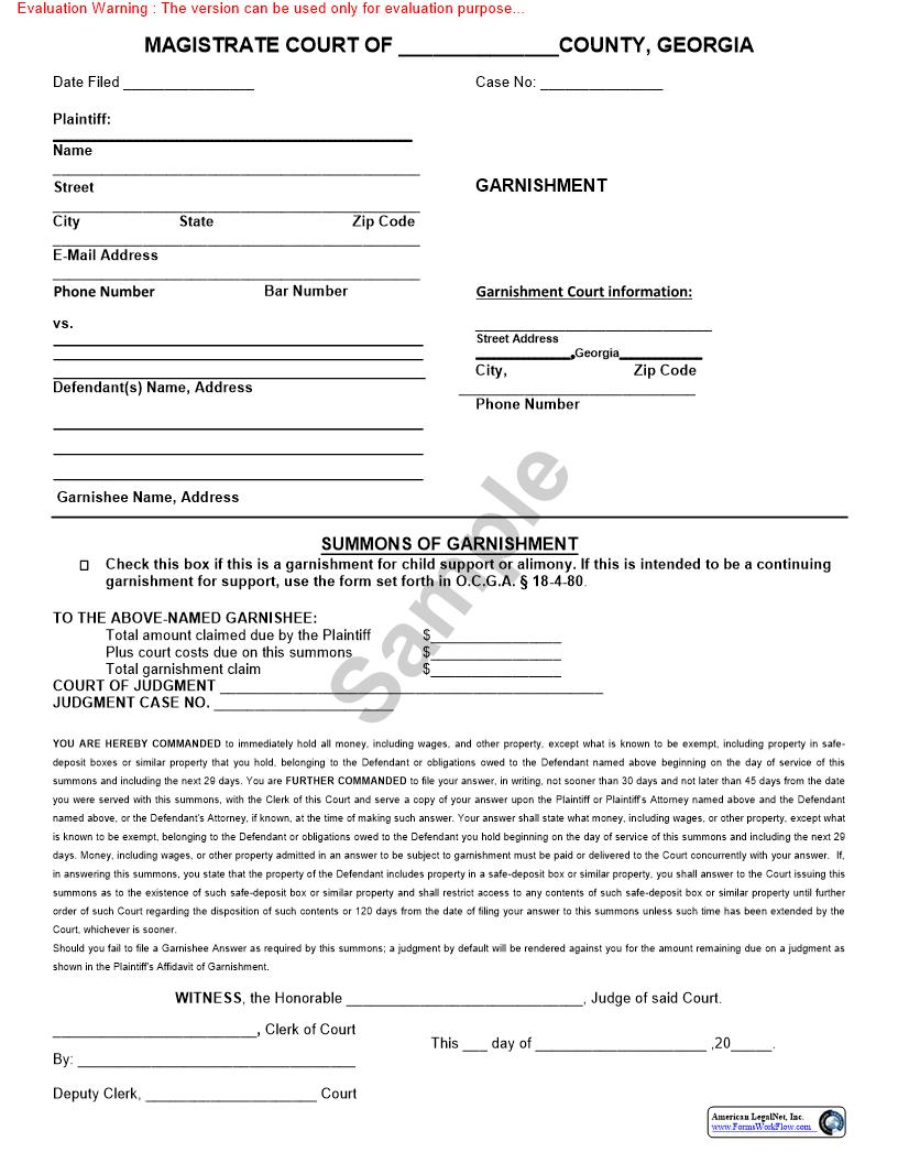 Attachment For Summons Of Garnishment | Pdf Fpdf Doc Docx | Georgia