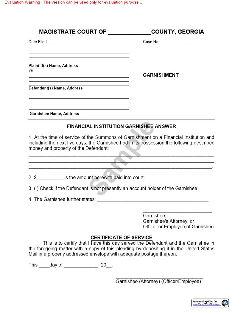 Financial Institution Garnishee Answer | Pdf Fpdf Doc Docx | Georgia