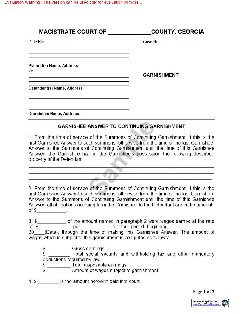 Garnishee Answer To Continuing Garnishment | Pdf Fpdf Docx | Georgia