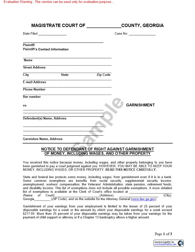 Notice To Defendant Of Right Against Garnishment Of Money | Pdf Fpdf Doc Docx | Georgia