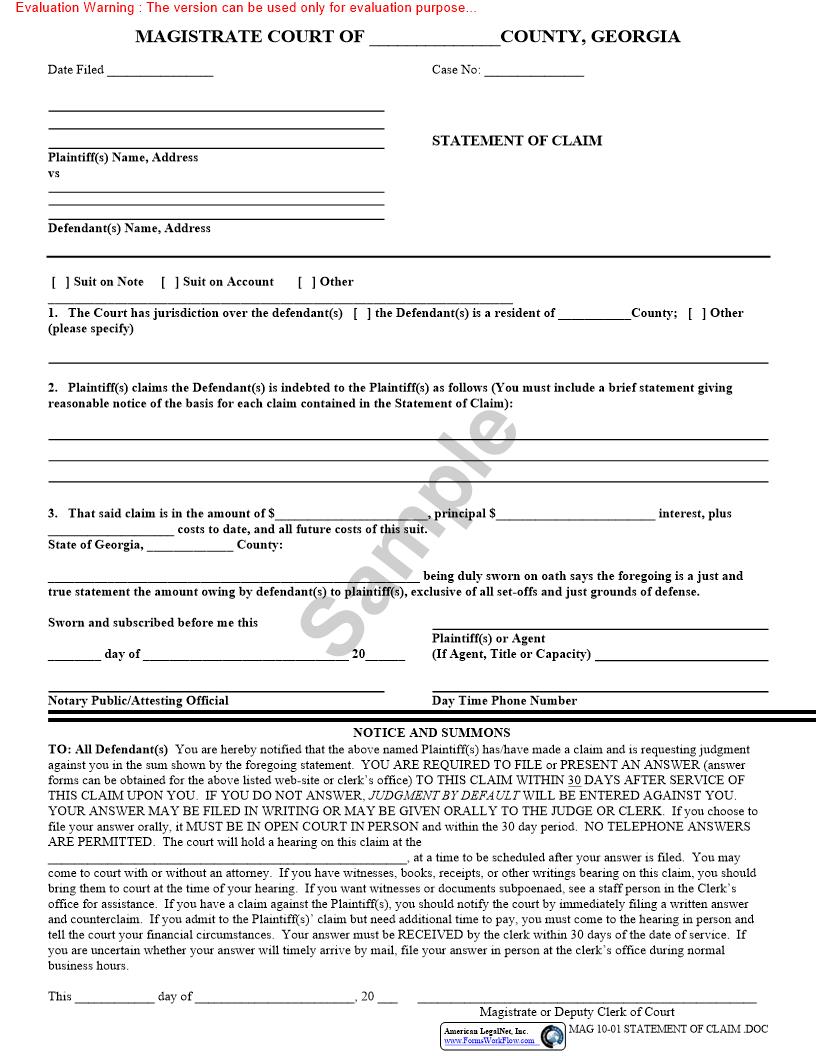 Statement Of Claim | Pdf Fpdf Doc Docx | Georgia