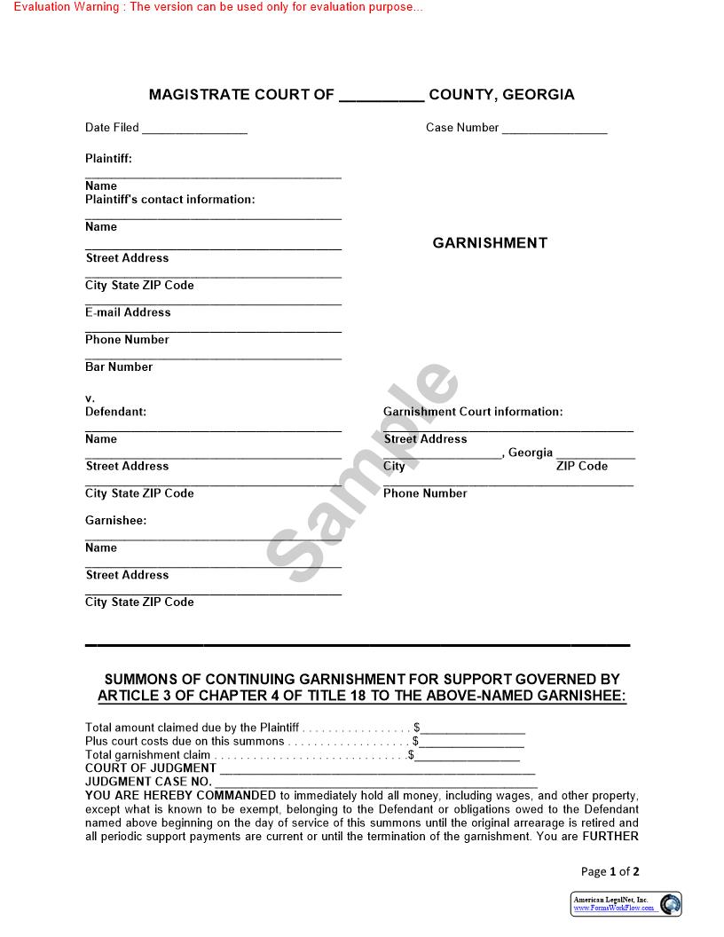 Summons Of Continuing Garnishment For Support | Pdf Fpdf Doc Docx | Georgia