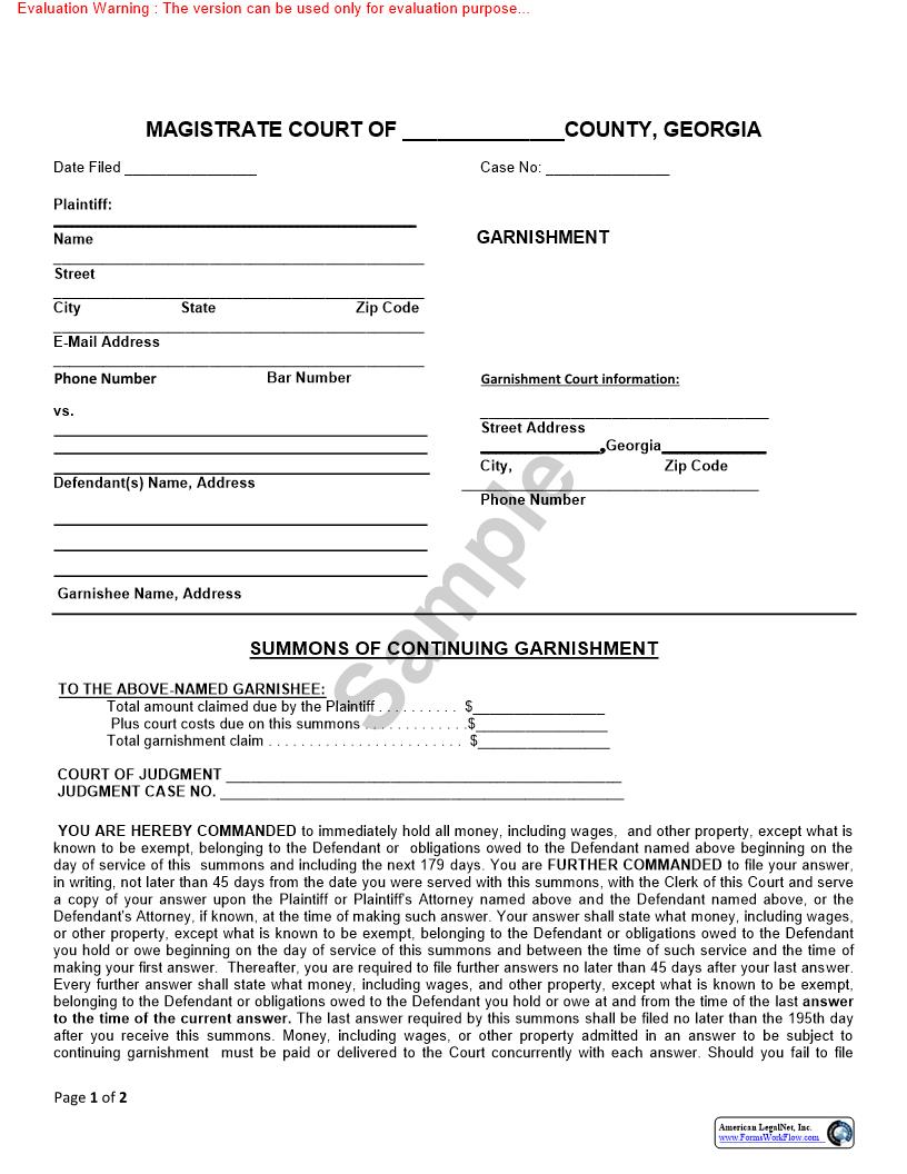 Summons Of Continuing Garnishment | Pdf Fpdf Doc Docx | Georgia