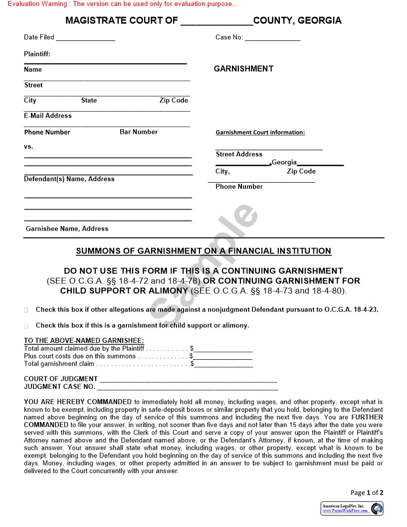 Summons Of Garnishment On A Financial Institution | Pdf Fpdf Doc Docx | Georgia